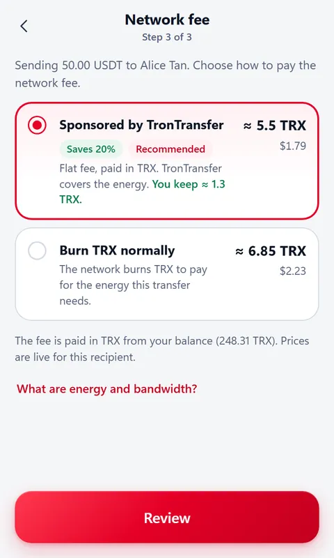Network fee step: 'Sponsored by TronTransfer, about 5.5 TRX, saves 20%, recommended' above 'Burn TRX normally, about 6.85 TRX'
