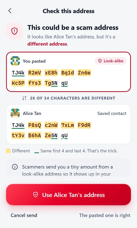 'This could be a scam address' screen comparing a pasted look-alike with the saved contact; 26 of 34 characters are different