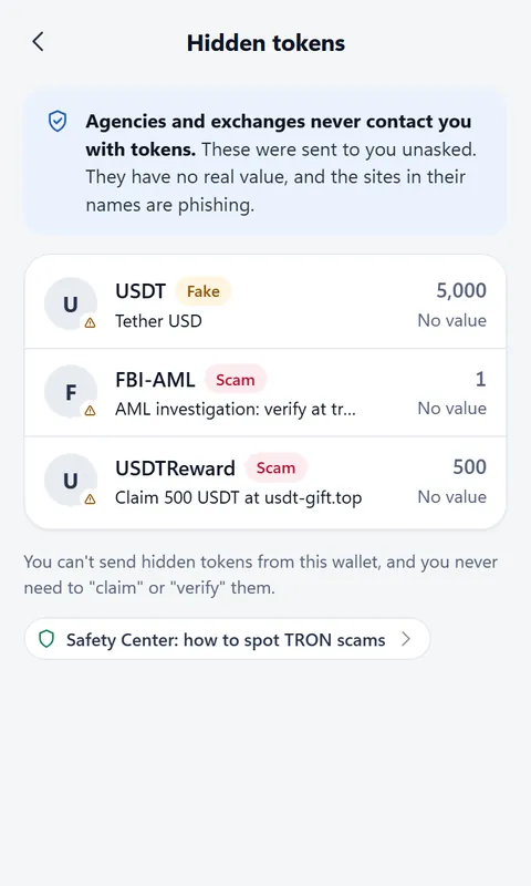Hidden tokens list with fake and scam tokens