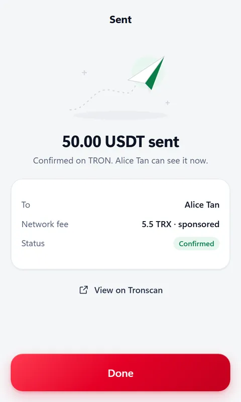 Sent screen: 50 USDT sent, confirmed on TRON