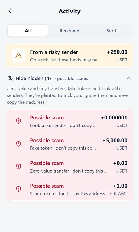 Activity with hidden possible-scam transfers