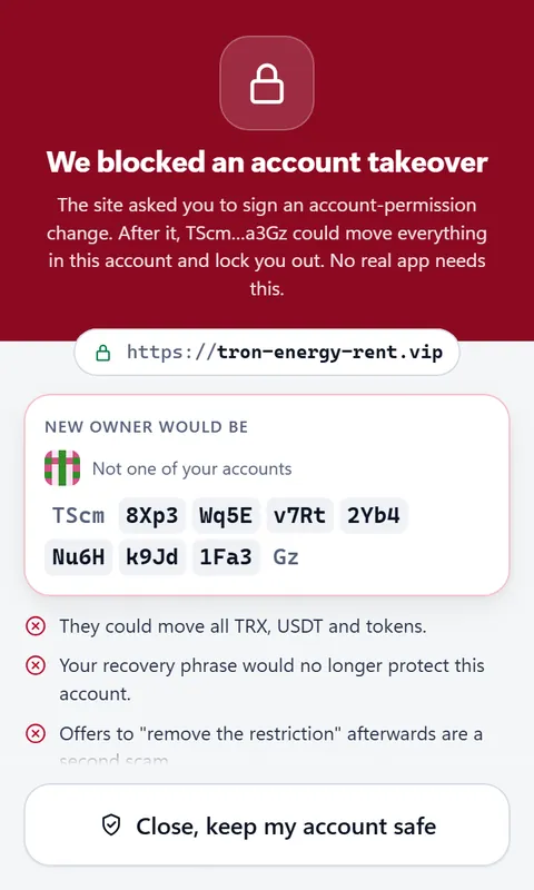 'We blocked an account takeover' screen: a site asked for an account-permission change that would let another address move everything